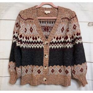 Entro Womens Fair Isle Metallic Chunky Knit Cardigan Sweater Multi Color Size L
